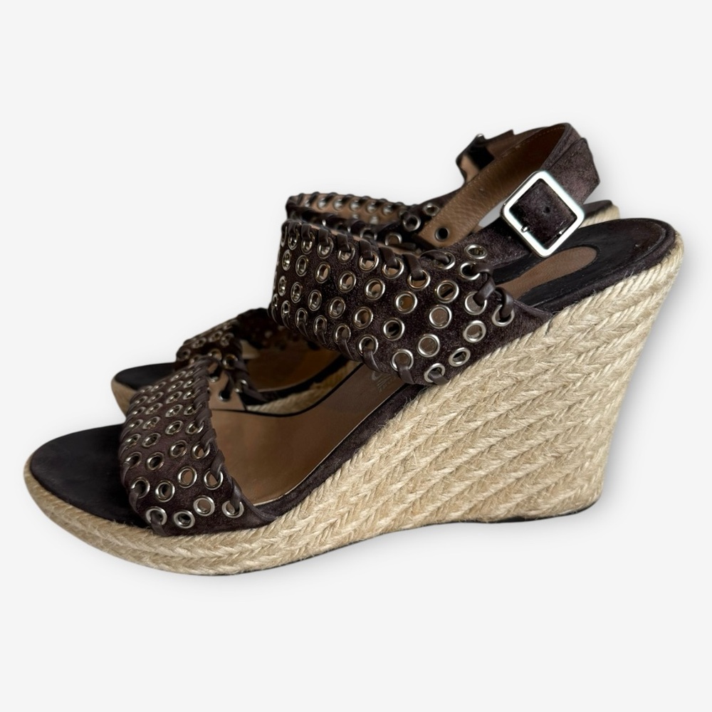 Salvatore Ferragamo Brown Leather Eyelet Embellished Wedge Sandals Sz 8